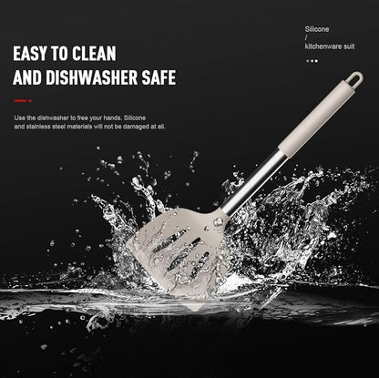Large Silicone Cooking Utensils Set - Heat Resistant Kitchen Utensils,Turner Tongs,Spatula,Spoon,Brush,Whisk,Stainless Steel Silicone Cooking Tool for Nonstick Cookware,Dishwasher Safe (Khaki) - Image 8