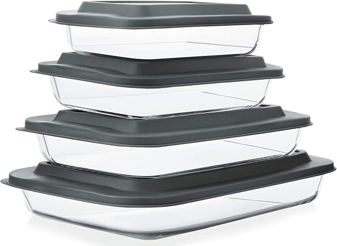 8-Piece Deep Glass Baking Dish Set with Plastic lids,Rectangular Glass Bakeware Set with Lids, Baking Pans for Lasagna, Leftovers, Cooking, Kitchen, Freezer-to-Oven and Dishwasher, Gray by MMCIRCO