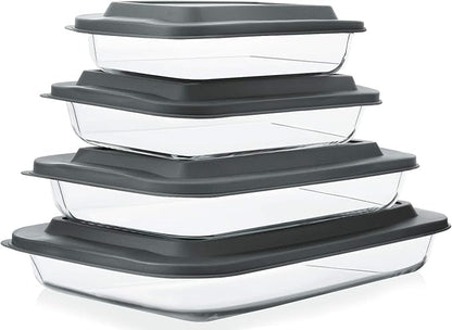 8-Piece Deep Glass Baking Dish Set with Plastic lids,Rectangular Glass Bakeware Set with Lids, Baking Pans for Lasagna, Leftovers, Cooking, Kitchen, Freezer-to-Oven and Dishwasher, Gray by MMCIRCO