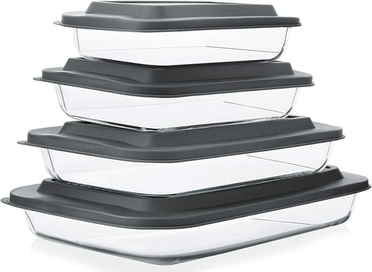 8-Piece Deep Glass Baking Dish Set with Plastic lids,Rectangular Glass Bakeware Set with Lids, Baking Pans for Lasagna, Leftovers, Cooking, Kitchen, Freezer-to-Oven and Dishwasher, Gray by MMCIRCO