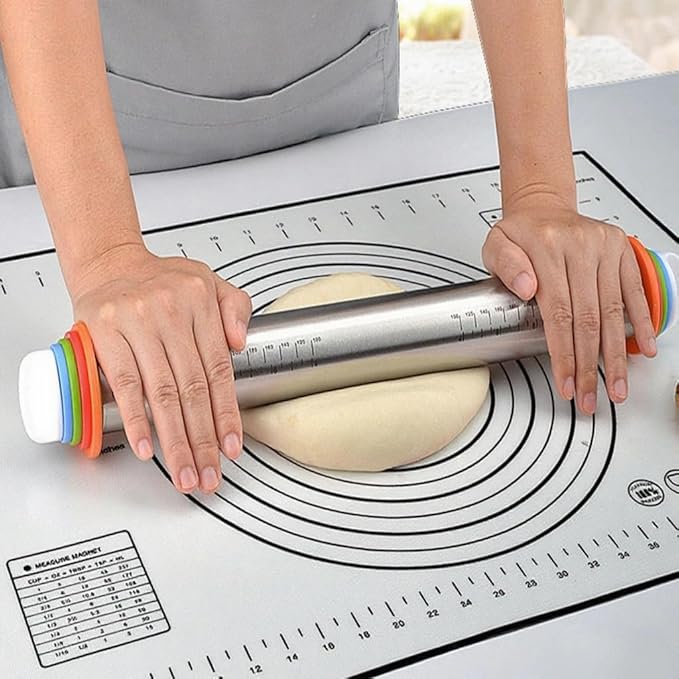 Rolling Pin with Adjustable Thickness Rings and Silicone Baking Pastry Mat Set for Baking,Stainless Steel Dough Roller,Baking Supplies for Cookie Fondant Pizza Cake Pasta (Black) - Image 6