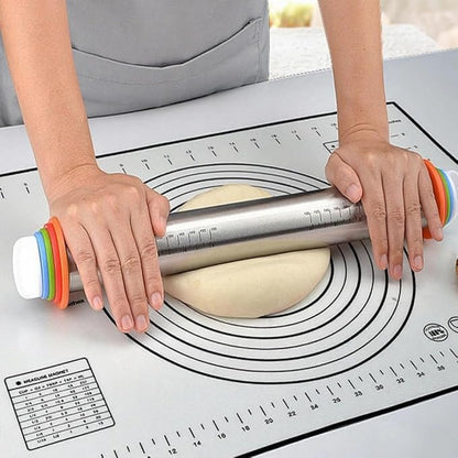 Rolling Pin with Adjustable Thickness Rings and Silicone Baking Pastry Mat Set for Baking,Stainless Steel Dough Roller,Baking Supplies for Cookie Fondant Pizza Cake Pasta (Black) - Image 6