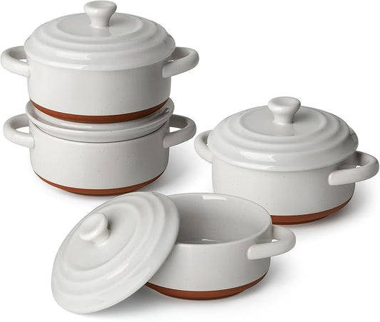 MALACASA Mini Cocotte Set - 12 OZ Ramekins with Lids and Handles, Small Casserole Dishes for Oven, Ceramic Small Baking Dish Set of 4, Microwave & Dishwasher Safe, Khaki Grey, Series TARA by MALACASA