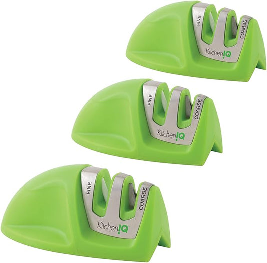 KitchenIQ 51422 | Edge Grip 2-Stage Knife Sharpener | Green – 3 Pack | Coarse & Fine Sharpener | Compact for Easy Storage | Stable Non-Slip Base | Soft Grip Rubber Handle | Straight & Serrated Knives by SmithsConsumerProductsInc