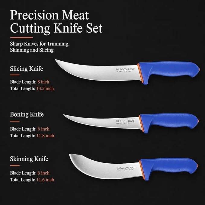 DRAGON RIOT 3 Pcs Butcher Knife Set, Stainless Steel Boning & Carving Knives, Sharp Kitchen Cutlery for Meat Cutting Trimming, Perfect for Home Kitchen, Outdoor Camping BBQ & Holiday Gift