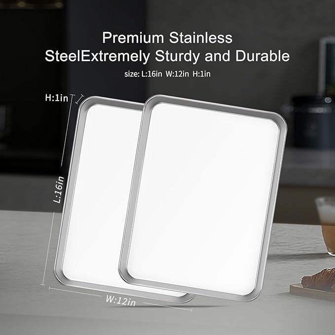 Stainless Steel Baking Sheet Set of 2-16" x 12" x 1" Heavy Duty Cookie Sheets for Baking, Rust & Warp Resistant Oven Tray, Non Toxic & Dishwasher Safe Baking Pans for Cooking, Roasting, Broiling - Image 3