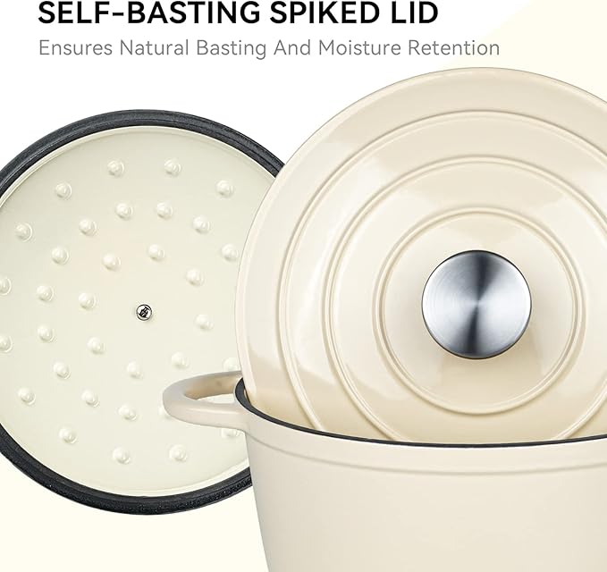 Miereirl 4.5 Quart Enameled Dutch Oven Pot with Lid, Cast Iron Dutch Oven with Dual Handles for Bread Baking, Cooking, Non-stick Enamel Coated Cookware (Beige) - Image 5