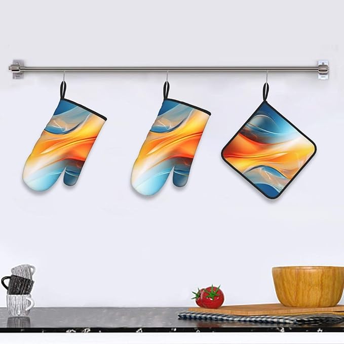 Burnt Orange Blue Abstract Fluid Oven Mitts and Pot Holders Sets of 3, Heat Resistant Non-Slip Boho Modern Kitchen Gloves Gift for Cooking Lover, Stylish Kitchen Decor for Baking BBQ Cooking Grilling - Image 2