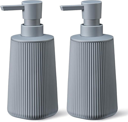 Gray 2 Pack Hand Soap Dispensers Set with No Rust Pump for Bathroom and Kitchen Countertops Refillable Matte Striped Plastic 8.5 oz