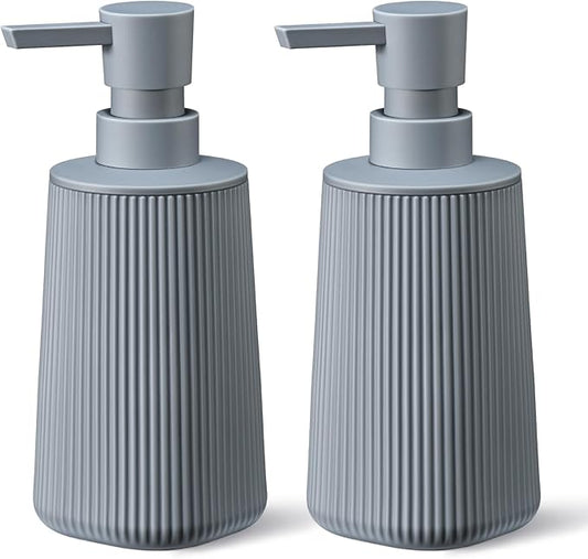 Gray 2 Pack Hand Soap Dispensers Set with No Rust Pump for Bathroom and Kitchen Countertops Refillable Matte Striped Plastic 8.5 oz
