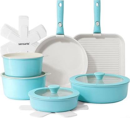 SENSARTE 17 Piece Ceramic Pots and Pans Set, Nonstick Detachable Handle Cookware, Induction Kitchen Cookware Set with Removable Handle, Dishwasher ＆ Oven Safe (Turquoise) by SENSARTE