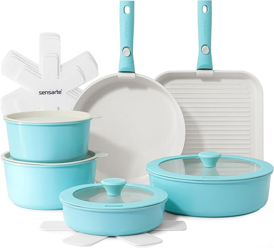 SENSARTE 17 Piece Ceramic Pots and Pans Set, Nonstick Detachable Handle Cookware, Induction Kitchen Cookware Set with Removable Handle, Dishwasher ＆ Oven Safe (Turquoise) by SENSARTE