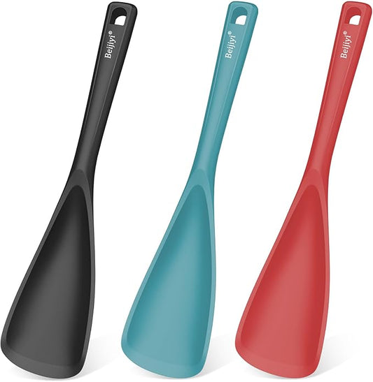 Beijiyi 3 Pack Silicone Spatula Spoon, 12.6 In, Multifunction Kitchen Cooking Spoons, Great for Nonstick Cookware Cooking and Serving, BPA-Free Seamless Design, Multicolor (Black/Blue/Red)