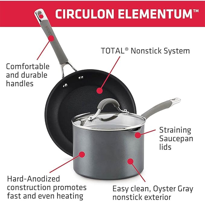 Circulon 84564 Elementum Hard Anodized Nonstick Cookware Set / Pots and Pans Set - 10 Piece, Gray