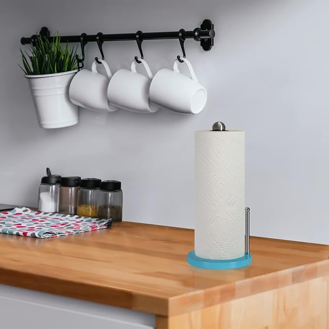 Blue Donuts Paper Towel Holder Countertop with Weighted Base - Easy One-Handed Tear Paper Towel Holder, Modern Paper Towel Holder, Turquoise Paper Towel Dispenser Countertop