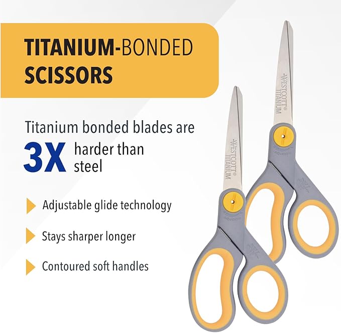 Westcott 8” Titanium Bonded Scissors with Adjustable Glide and Soft Handle, 2-Pack- Durable Multipurpose Scissors for Office, Home, and School Use, Sharp Precision Blades for Everyday Cutting - Image 2
