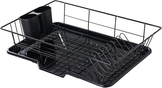 Space-Saving 3-Piece Dish Drainer Rack Set with Cutlery Holder - Maximize Countertop Space, Black by SweetHomeCollection