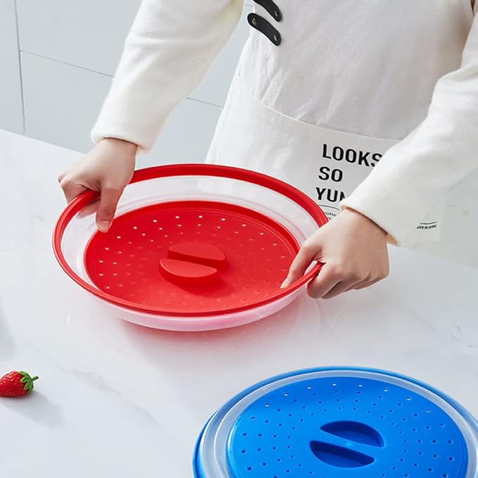 Collapsible Microwave Splatter Cover, 10.5 Inch, Dishwasher-safe, Microwave Plate Cover With Steam Vent，BPA-Free Silicone & Plastic(2 PCS,blue & red)