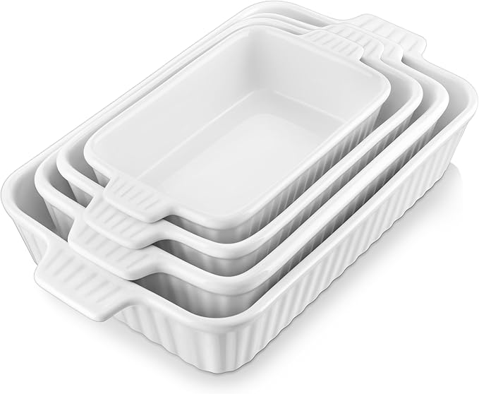 MALACASA Casserole Dishes for Oven, Porcelain Baking Dishes, Ceramic Bakeware Sets of 4, Rectangular Lasagna Pans Deep with Handles for Baking Cake Kitchen, White (9.4"/11.1"/12.2"/14.7"), Series by MALACASA