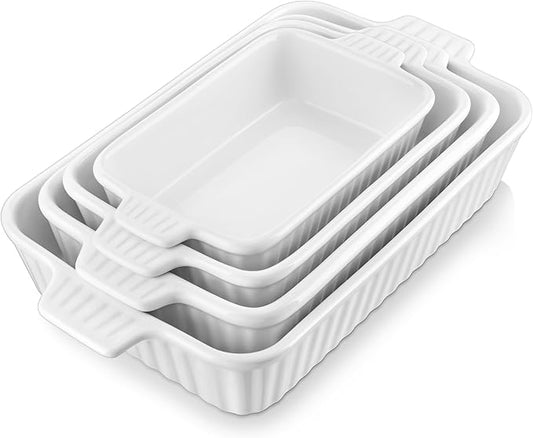 MALACASA Casserole Dishes for Oven, Porcelain Baking Dishes, Ceramic Bakeware Sets of 4, Rectangular Lasagna Pans Deep with Handles for Baking Cake Kitchen, White (9.4"/11.1"/12.2"/14.7"), Series by MALACASA