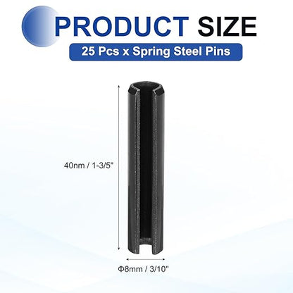 MECCANIXITY 25Pcs Slotted Split Roll Pins 3/10 Inch(8mm) Dia. 1-3/5 Inch(40mm) Length 65Mn Steel Spring Tension Expansion Dowels for Secure Fastening, Black