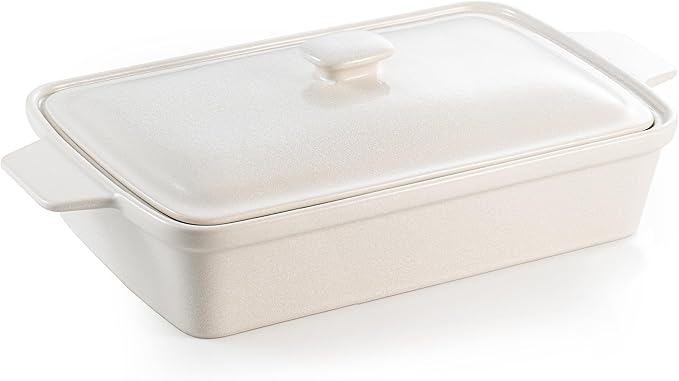 DAFUCERAMIC Casserole dish with Lid, 3.5 Quart Porcelain Baking Dish With Lid, Deep 13 x 9 Casserole Dishes for Oven with Lid, Rectangular Bakeware With Handle, Microwave, Oven Safe
