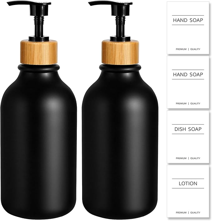 KASUNTING Hand Soap Dispenser Bathroom, Black Dish Soap Dispenser for Kitchen, 17 Fl Oz Plastic Hand and Dish Soap Dispensers Set with Bamboo Pump, 2 Pack Refillable Liquid Lotion Containers Bottle by ALPIRIRAL