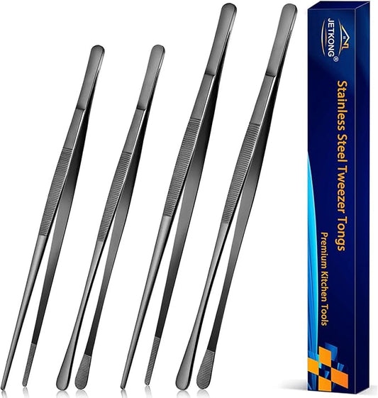 JETKONG 4 Pcs Kitchen Tweezers Professional Stainless Steel Cooking Tweezers Set, Black Kitchen Food Tweezer Tongs for Cooking, Repairing, and BBQ (10+12-Inch, Black) by JETKONG
