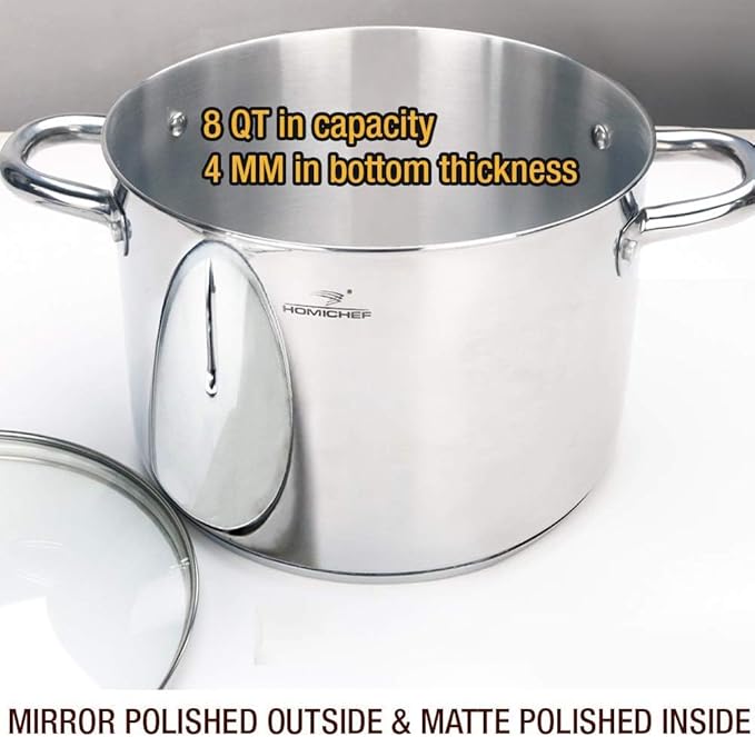 HOMICHEF Stock Pot 8 Quart with Lid Nickel Free Stainless Steel - Mirror Polished Stockpot 8 QT with Lid - HEALTHY COOKWARE Stockpots 8 Quart - Soup Pot for Induction Cooktop - Image 2