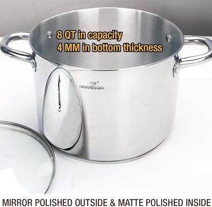 HOMICHEF Stock Pot 8 Quart with Lid Nickel Free Stainless Steel - Mirror Polished Stockpot 8 QT with Lid - HEALTHY COOKWARE Stockpots 8 Quart - Soup Pot for Induction Cooktop - Image 2