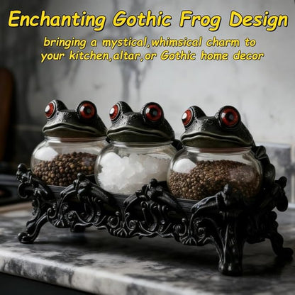 Witchy Frog Apothecary Spice Jars, Handcrafted Vintage Glass Storage Jars with Red-Eyed Frog Lids, Gothic Kitchen Herb Teas Food Storage Containers for Home Decor Fun Display (3-piece set) - Image 7