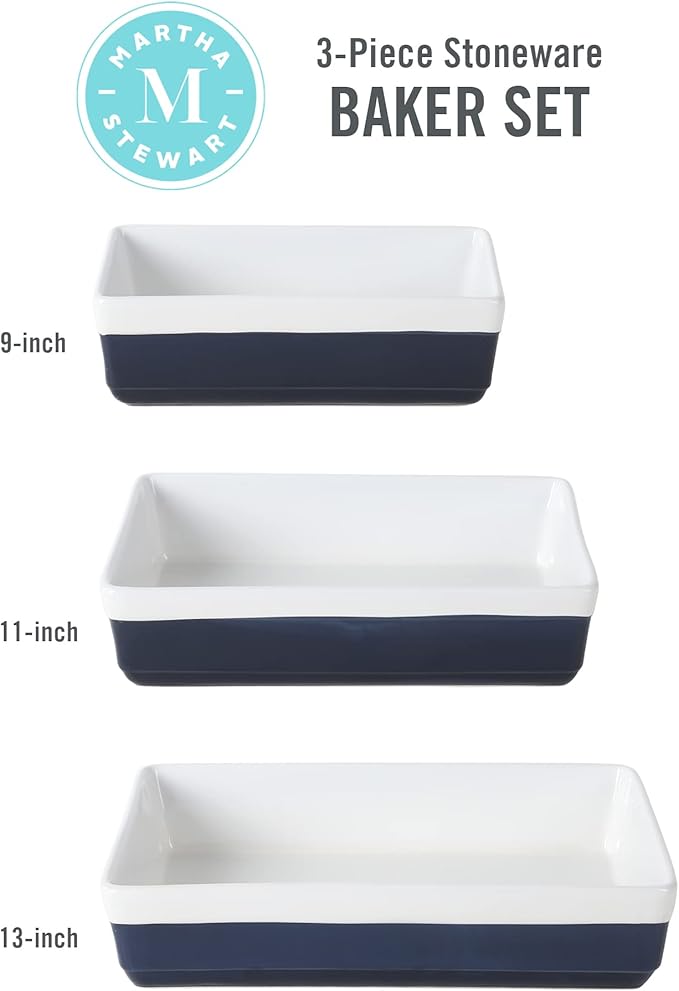 MARTHA STEWART 3-Piece Oven to Table Stoneware Bakeware Set – Baking Dish & Casserole Set – Cobalt Blue – Durable Oven-Safe Bakeware for Baking and Serving - Image 3