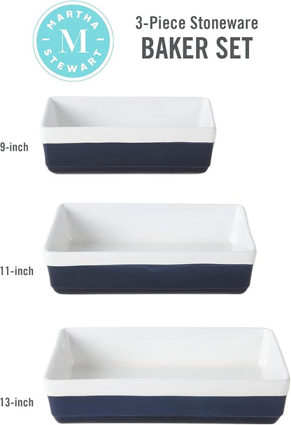 MARTHA STEWART 3-Piece Oven to Table Stoneware Bakeware Set – Baking Dish & Casserole Set – Cobalt Blue – Durable Oven-Safe Bakeware for Baking and Serving - Image 3