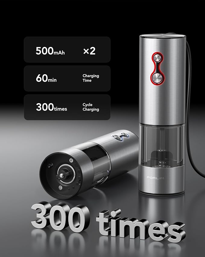 FORLIM Rechargeable Electric Salt and Pepper Grinder Set, Dual-Speed Control, Stainless Steel Automatic Salt & Pepper Mill with Dust Cover, 2 LED Lights, Adjustable Coarseness (2-Pack, Glossy Silver) - Image 2