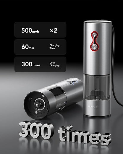 FORLIM Rechargeable Electric Salt and Pepper Grinder Set, Dual-Speed Control, Stainless Steel Automatic Salt & Pepper Mill with Dust Cover, 2 LED Lights, Adjustable Coarseness (2-Pack, Glossy Silver) - Image 2