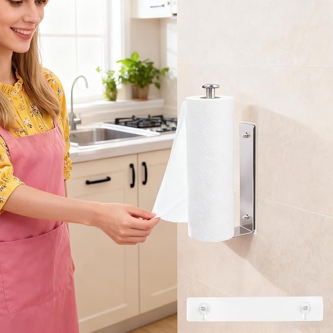Magnetic Paper Towel Holder with Adjustable Damping - One Hand Tear, No Drill Adhesive Mount, Strong Magnet for Kitchen, Fridge, RV, Garage, Grill (Color:Silver)
