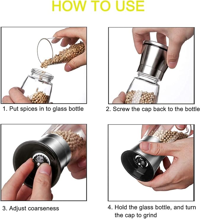 Premium Stainless Steel Salt and Pepper Grinder Set - Short Glass Shaker, Pepper Mill & Salt Mill with Adjustable Coarseness, Refillable for Himalayan or Sea Salt, Black Peppercorn, with Bonus Stand - Image 4
