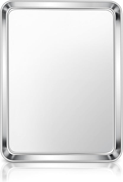 E-far Stainless Steel Baking Sheet, 12.4” x9.7” Baking Cookie Sheet Pan for Oven, Non-toxic Metal Toaster Oven Tray for Cake Cookie, Healthy & Rust Free, Mirror Finish & Dishwasher Safe, 1 Pack by E-far