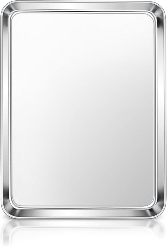 E-far Stainless Steel Baking Sheet, 12.4” x9.7” Baking Cookie Sheet Pan for Oven, Non-toxic Metal Toaster Oven Tray for Cake Cookie, Healthy & Rust Free, Mirror Finish & Dishwasher Safe, 1 Pack by E-far