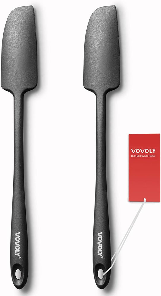 2-Pack Vovoly Silicone Jar Spatulas, Small Seamless Design Rubber Scraper with Stainless Steel Core, Heat Resistant and Non-Stick Mini Spatula for Jars and Blenders, BPA Free,11 IN, Black