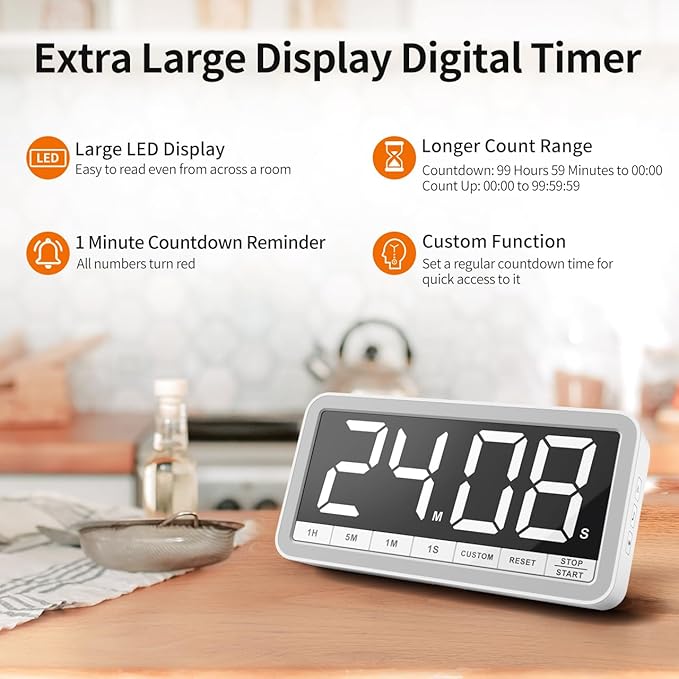 VOCOO Digital Kitchen Timer with 7.8” Extra Large Display, Magnetic, LED with 3 Brightness, 4 Alarms and 3 Volume Levels, Battery Countdown Count Up Timer for Cooking, Classroom, Home Gym (White) - Image 2