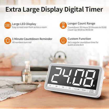 VOCOO Digital Kitchen Timer with 7.8” Extra Large Display, Magnetic, LED with 3 Brightness, 4 Alarms and 3 Volume Levels, Battery Countdown Count Up Timer for Cooking, Classroom, Home Gym (White) - Image 2