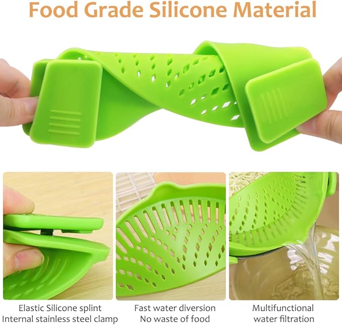 YEVIOR Clip on Strainer for Pots Pan Pasta, Silicone Food Strainer Hands-Free Pan Strainer, Clip-on Kitchen Food Strainer for Spaghetti, Pasta, Ground Beef Fits All Bowls and Pots (Green) - Image 3