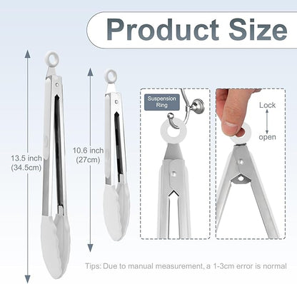 Premium Stainless Steel Heat Resistant Kitchen Tongs for cooking,set of 9" and 12" (White),Non Scratch Silicone cooking Tong Tip for Cooking Pans,Strong Grip BBQ tongs for Grabbing Hot Food - Image 2
