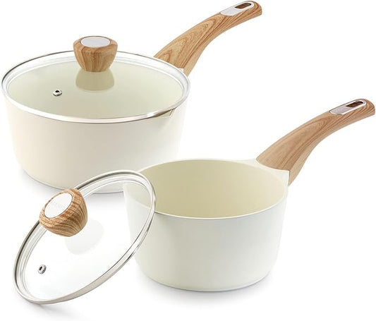 SENSARTE 1.5 & 2.5 Quart Ceramic Sauce Pan Sets with Lid, Cooking Pots Set, Nonstick Saucepan Set with Pour Spout, Small Kitchen Pot, Non toxic Saucepot, Induction Comptable, PFOA PTFE PFAS Free by SENSARTE