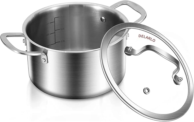 DELARLO Whole Body Tri-ply Stainless Steel Stock Pot with Lid 3.5QT, Cooking Pot Food Grade Cookware, Durable Soup Pot with Glass Lid,Suitable for All stoves, Dishwasher Safe - Image 2
