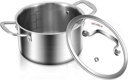 DELARLO Whole Body Tri-ply Stainless Steel Stock Pot with Lid 3.5QT, Cooking Pot Food Grade Cookware, Durable Soup Pot with Glass Lid,Suitable for All stoves, Dishwasher Safe - Image 2