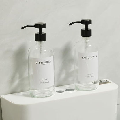 Ronasip Set of 5 Kitchen Soap Dispenser Set 16 Oz Glass Hand Dish Soap Dispenser with Stainless Steel Pump, Cement Tray, Dish Scrub Brush for Farmhouse Rustic Home Bathroom Decor (Transparency)