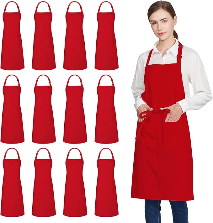 Jubatus 12 Pack 100% Cotton Aprons Bulk with 2 Pockets Cooking Chef Kitchen Adjustable Bib Apron for Women Men, Red by Jubatus