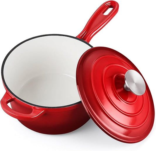 Homikit 1 Quart Saucepan with Lid, Small Enameled Cast Iron Sauce Pan, Enamel Cast Iron Cooking Pot Mini Dutch Oven Kitchen Cookware for Making Pasta, Boiling Soup, Warming Milk, Red